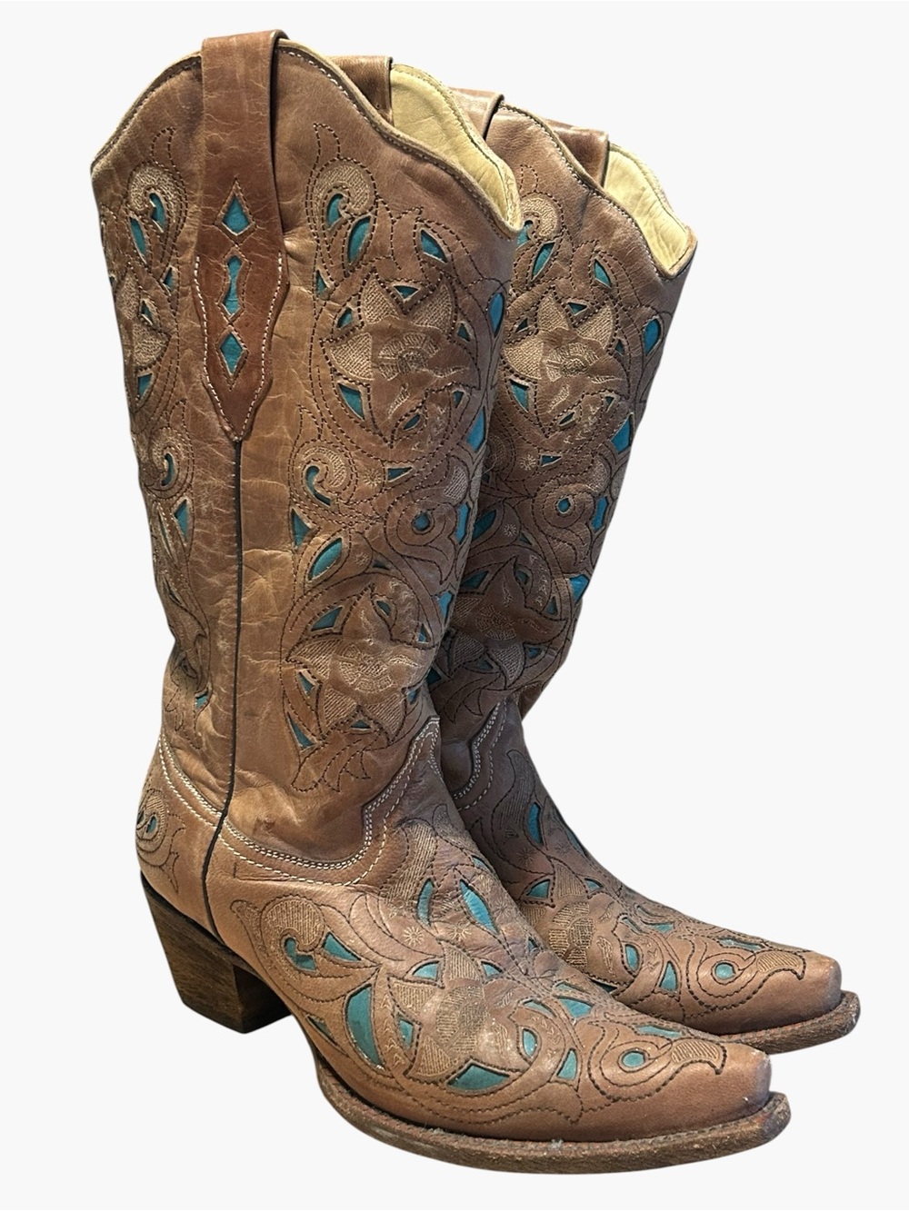 Corral Vintage Women’s Size 9M Distressed Tan Turquoise Inlay Cowboy Boots